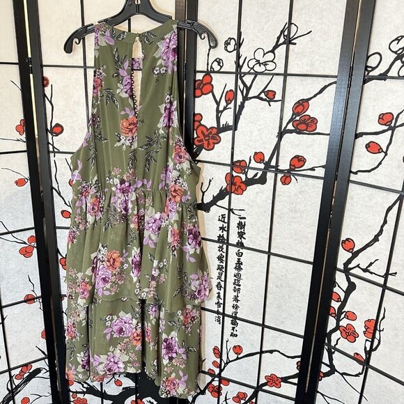 Torrid Dress Size 3 Floral Chiffon Ruffled High Neck Olive Green Layered New - Picture 8 of 9